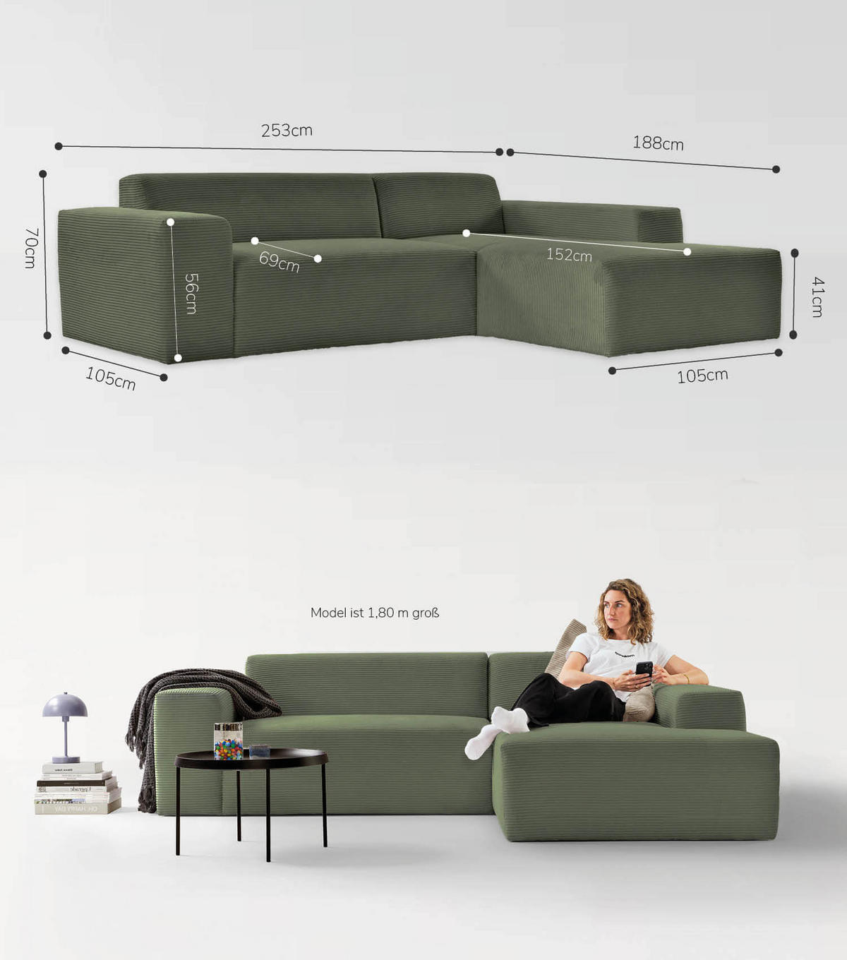 ECKSOFA Die Lässige Recamiere rechts - Mintgrün, Textil (253/188cm) - Mokebo