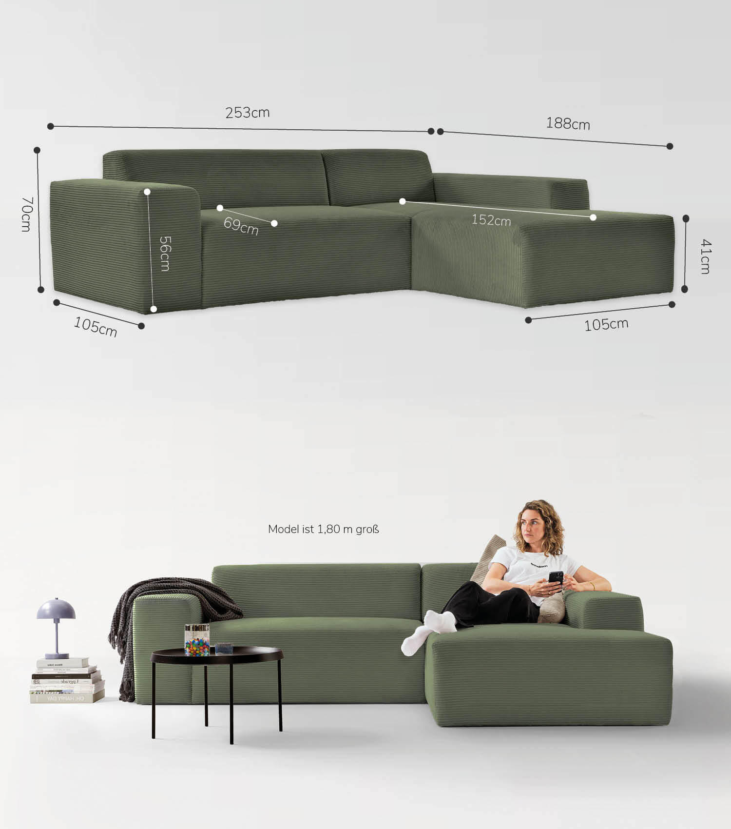 Thumbnail - Mokebo Ecksofa, Mintgrün, Textil, L-Form, 253x188 cm, Wohnzimmer, Sofas & Couches, Wohnlandschaften, Ecksofas