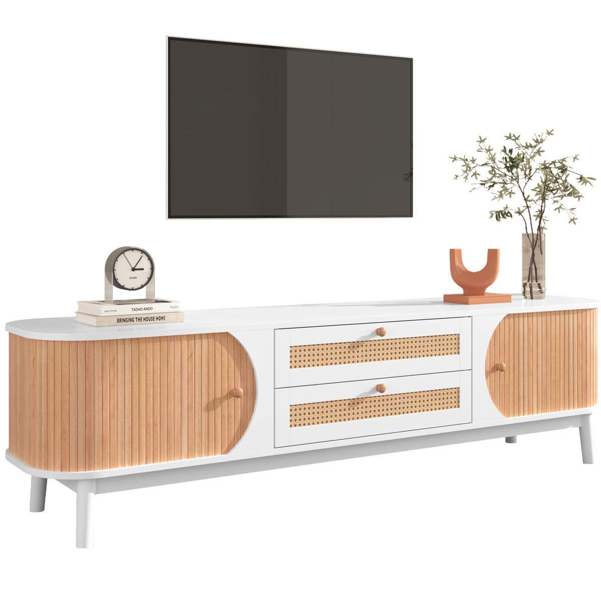 LOWBOARD 170/39,5/46 cm aus MDF mit Rattanfronten und Türen Weiß - Weiß, Holzwerkstoff (170/39.5/46cm) - Modenvie