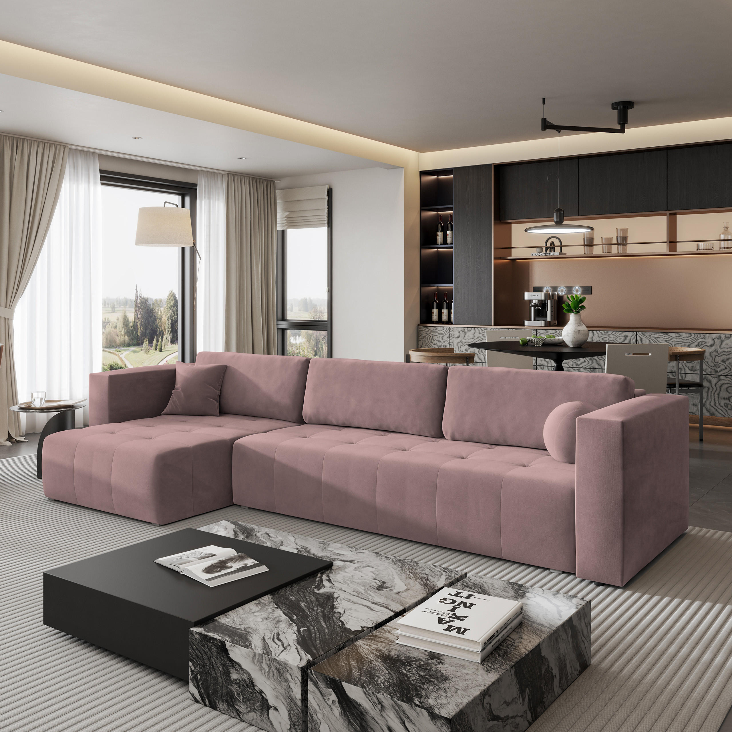 ECKSOFA OLVERA Rosa Plüsch-Stoff mit Schlaffunktion - Rosa, Holz (347/148cm) - MASSENO