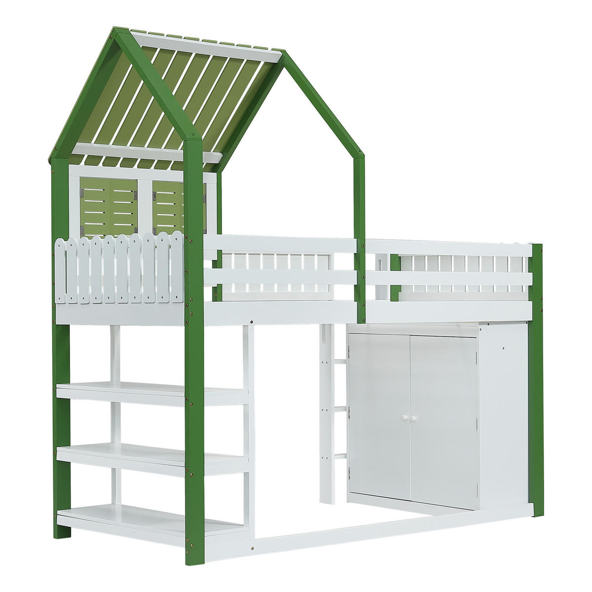 HOCHBETT 90/200 cm DE-02301, in Weiß/Grün, mit Dach, Fenster, Kleiderschrank und Regal - Weiß, Holz/Holzwerkstoff (90/200cm) - ComfortXL