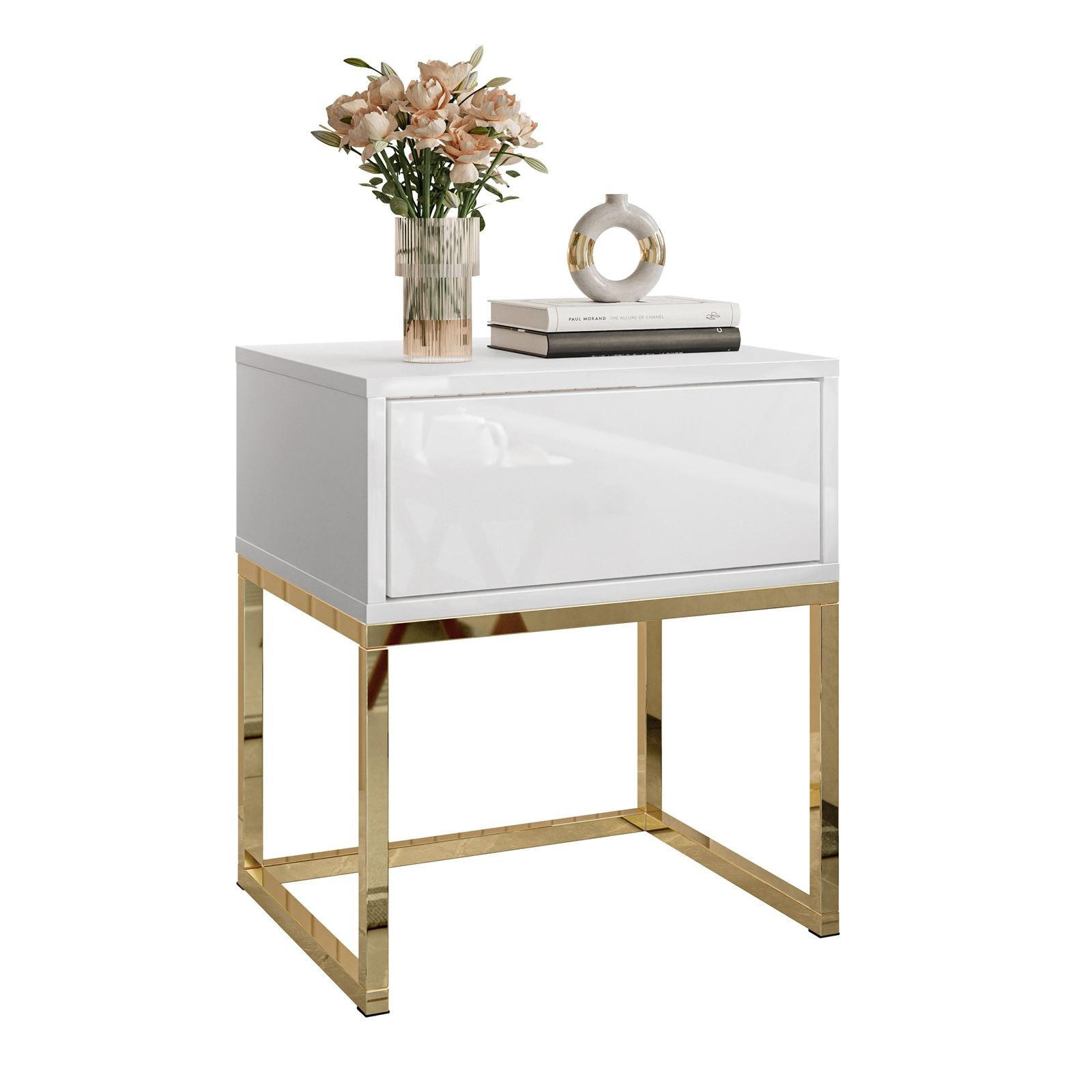 Nachttisch BLANCO GOLD Weiß auf goldenem verchromtem Gestell PUSH OPEN - Weiß Hochglanz, Holzwerkstoff (45/52/36.6cm) - Lookway