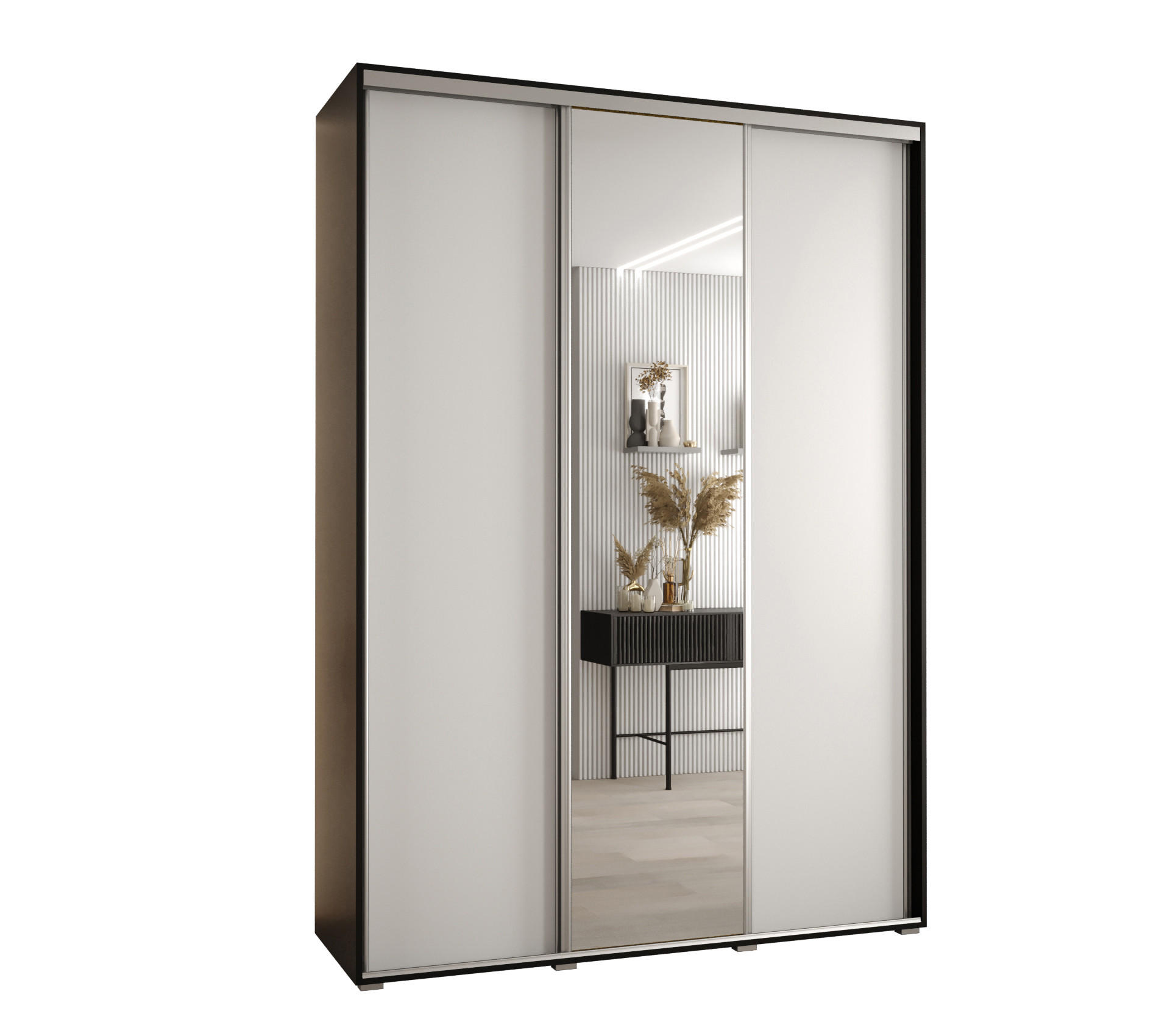 Abiks Möbel Schwebetürenschrank Schwarz, Weiß, Silber 180x235x60 cm