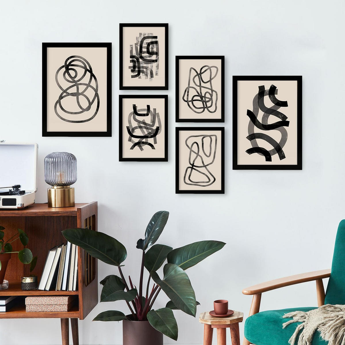 POSTER Set Mit 6 Zusammenfassungen In Form Ästhetische Dekorative Gemälde Für Ihr Wohnzimmer, Schlafzimmer Oder Zuhause A3 & A4 Schwarzer Rahmen - Schwarz, Papier (29/3cm) - Nacnic