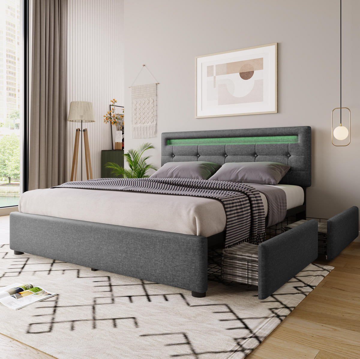 POLSTERBETT aus Leinen 140x200 cm Grau mit LED-Beleuchtung, 4 Schubladen und verstellbarem Kopfteil - Grau, Textil (140/200cm) - Modfu