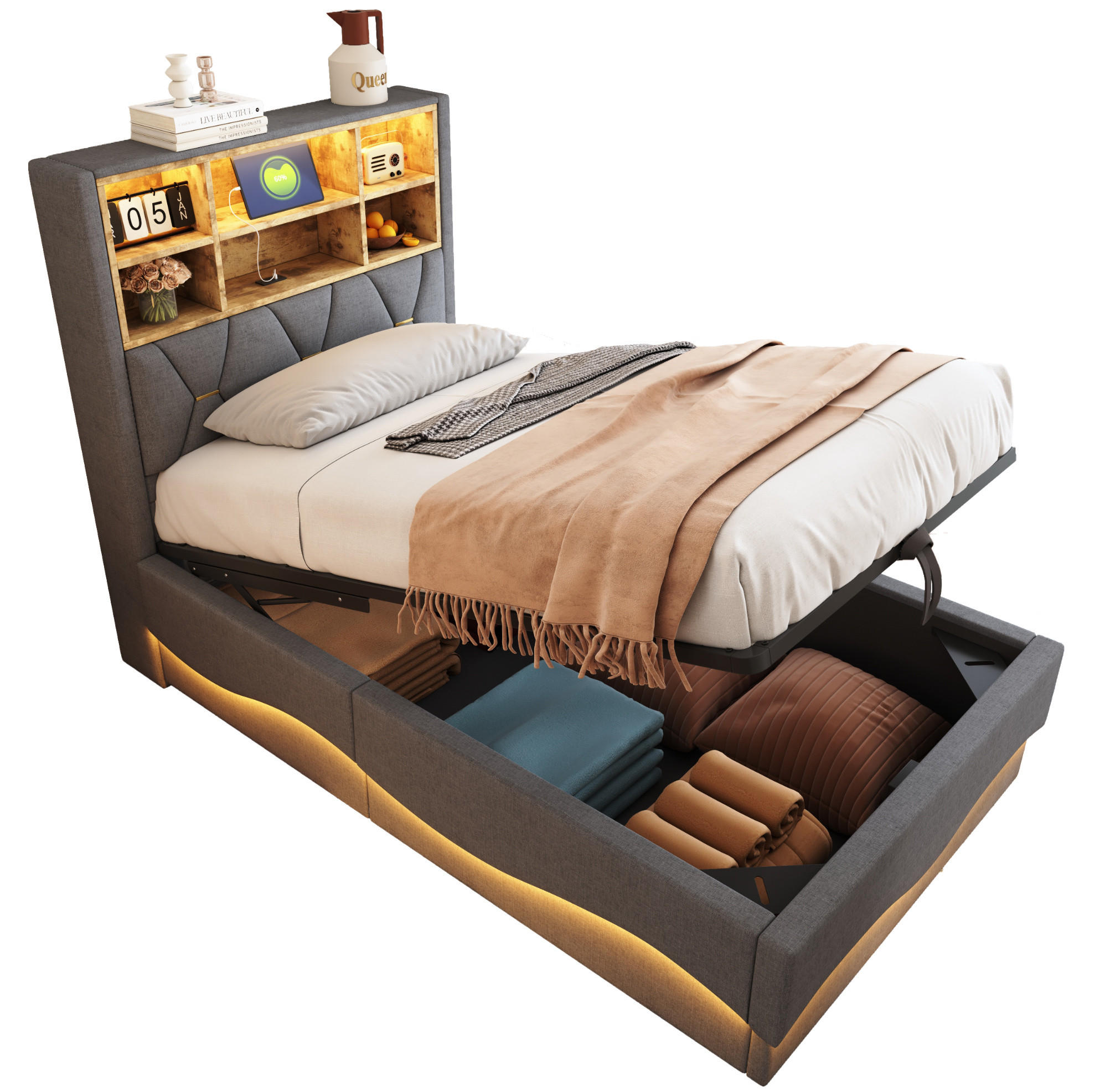 KINDERBETT 90/200 cm mit Stauraum, LED-Beleuchtung und USB in Grau - Grau, Metall (90/200cm) - BEAOK