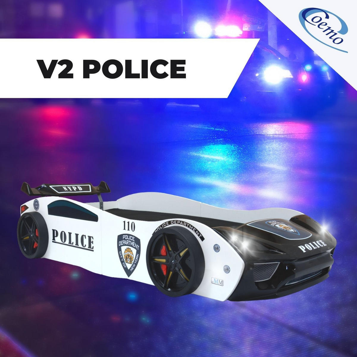 AUTOBETT POLICE Kinderbett mit Lattenrost 260/109/60 cm - Weiß, Holzwerkstoff (90/200cm) - Coemo