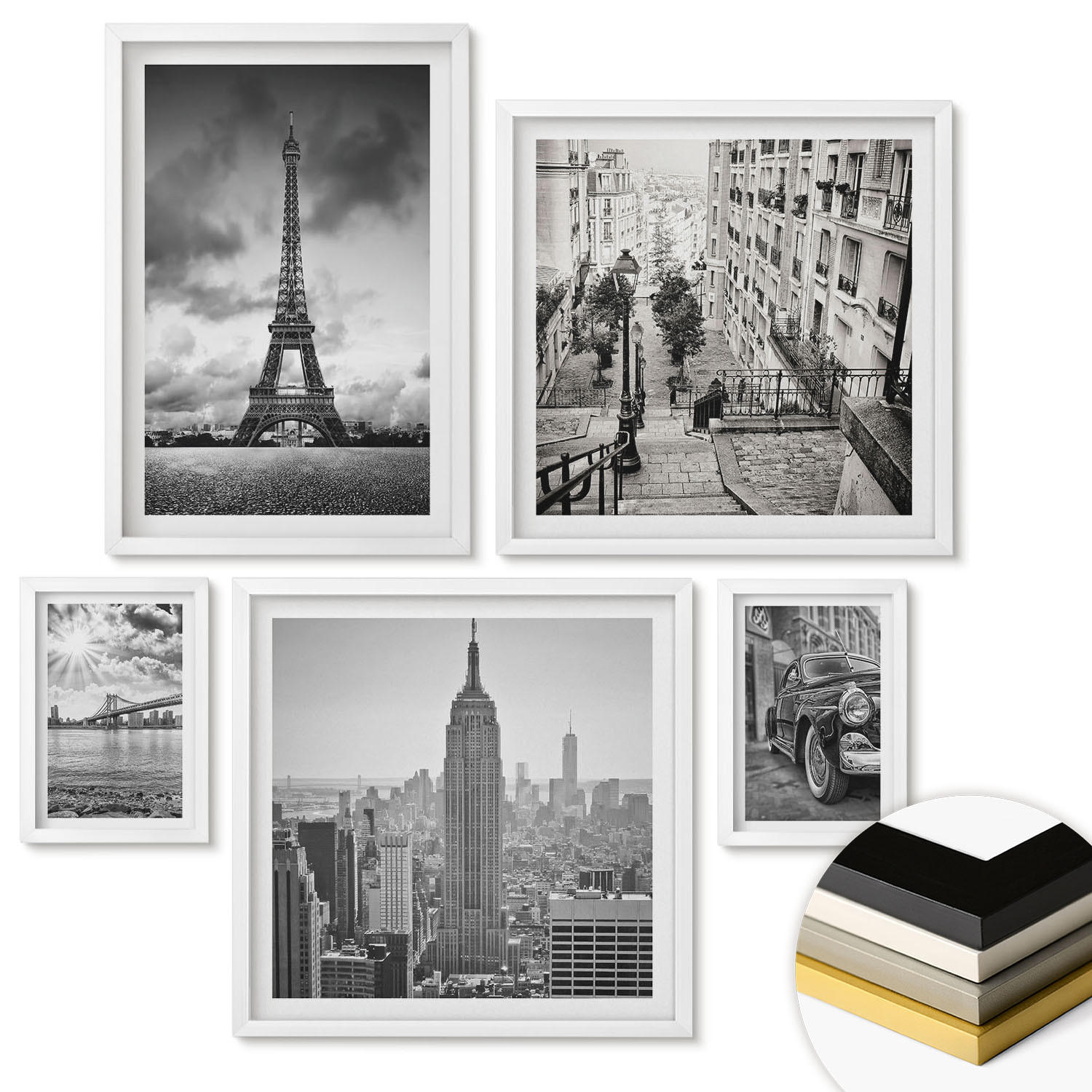 WANDBILDER 5er-Set - 50x50 cm & 20x30 cm & 40x60 cm Weißer Rahmen - Neonlinienwellen im Hintergrund - Weiß, Kunststoff (40/60cm) - ArtPrintCave
