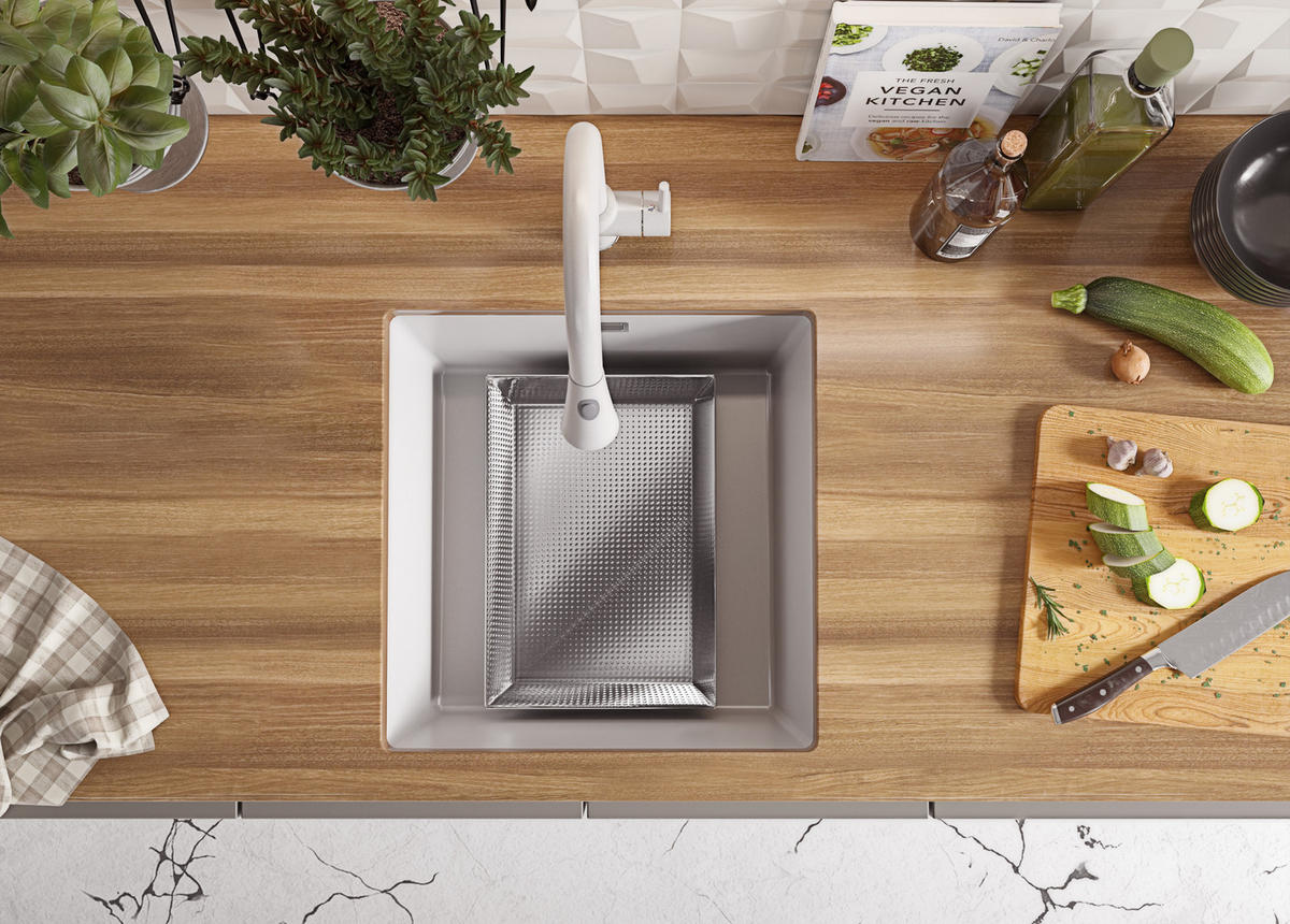 UNTERBAUSPÜLE GRANIT London, 2-er set Weiß 46/47 cm 1 Becken + Küchenarmatur 40/20 cm + Ablauf-Set ab 50er Unterschrank - Chromfarben/Weiß, Kunststoff (46/20/47cm) - Primagran