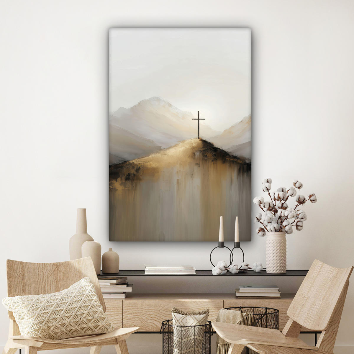 LEINWANDBILD Hügel - Abstrakt - Kreuz - Christentum Deko XXL 80x120 cm - Beige, Textil (80/120cm) - MuchoWow