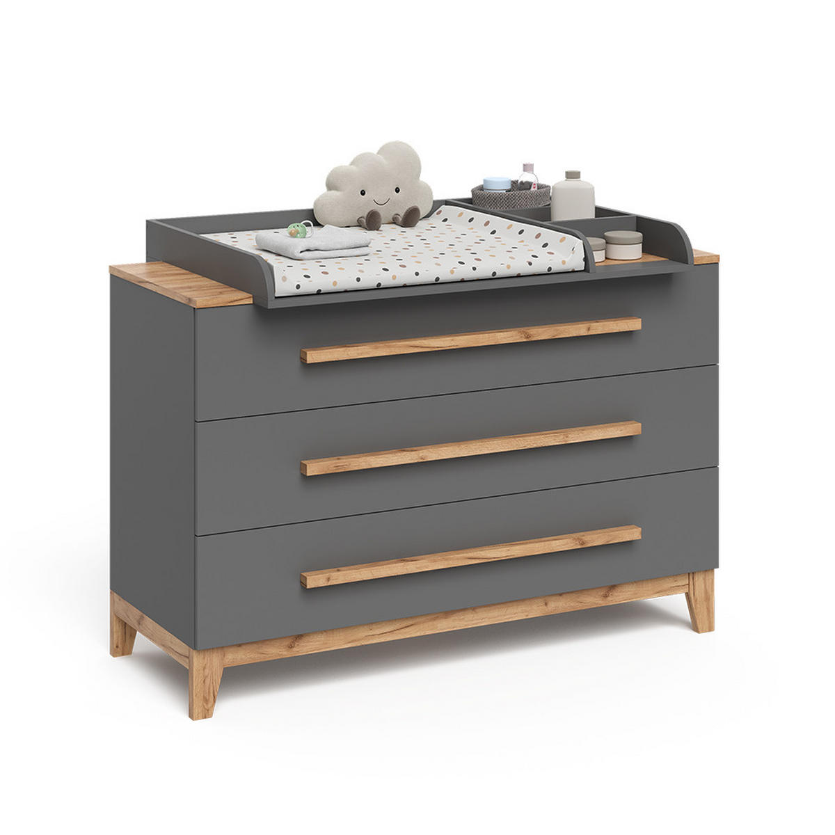 WICKELKOMMODE Malia Grau/Artisan 133.2 x 98 cm mit 3 Schubladen - Hellgrau/Grau, Holzwerkstoff (133.2/98/70cm) - VitaliSpa