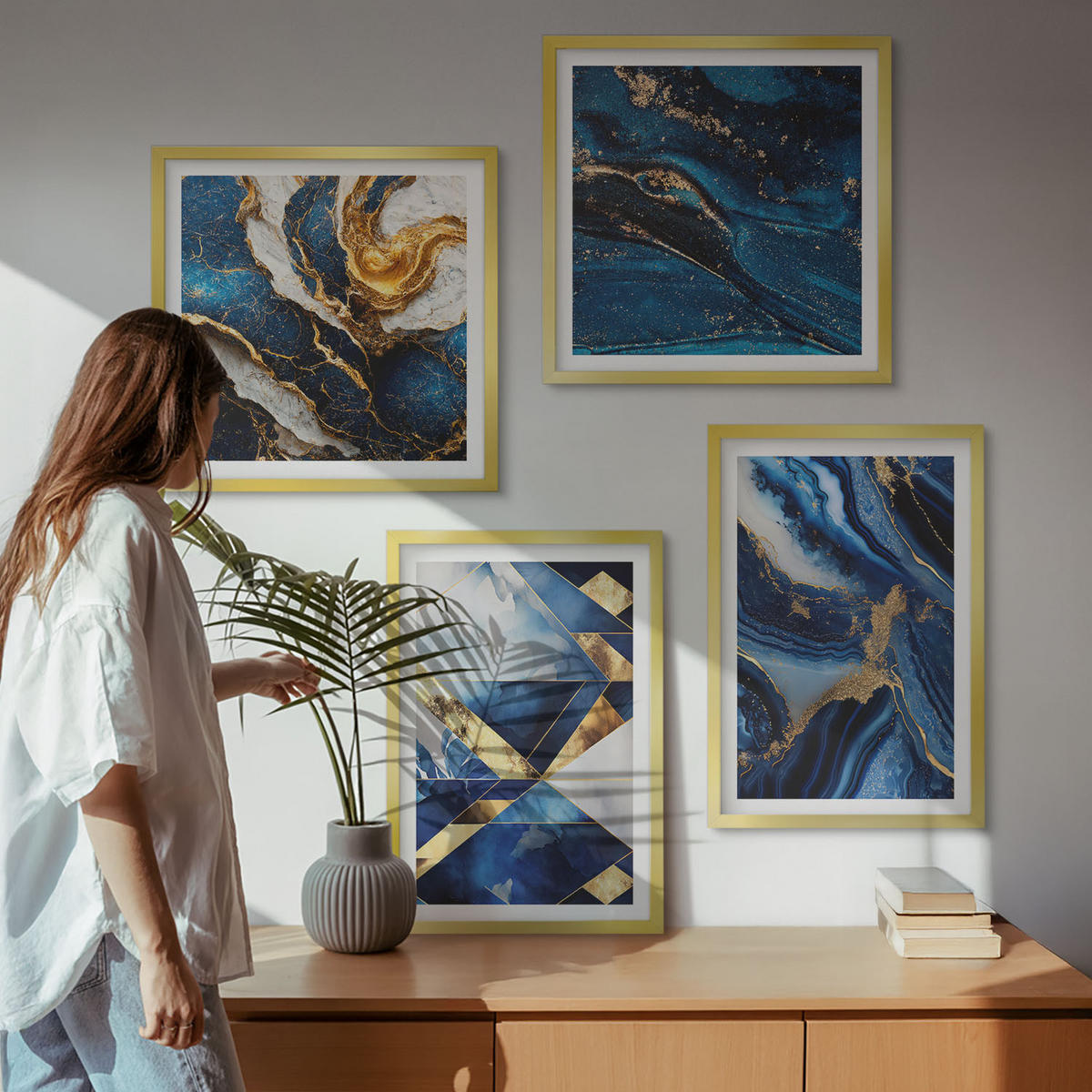 BILDER SET 4er Set - 50x50 cm & 40x60 cm Goldrahmen - Abstrakte, elegante Muster - Goldfarben, Kunststoff (50/50cm) - TULUP