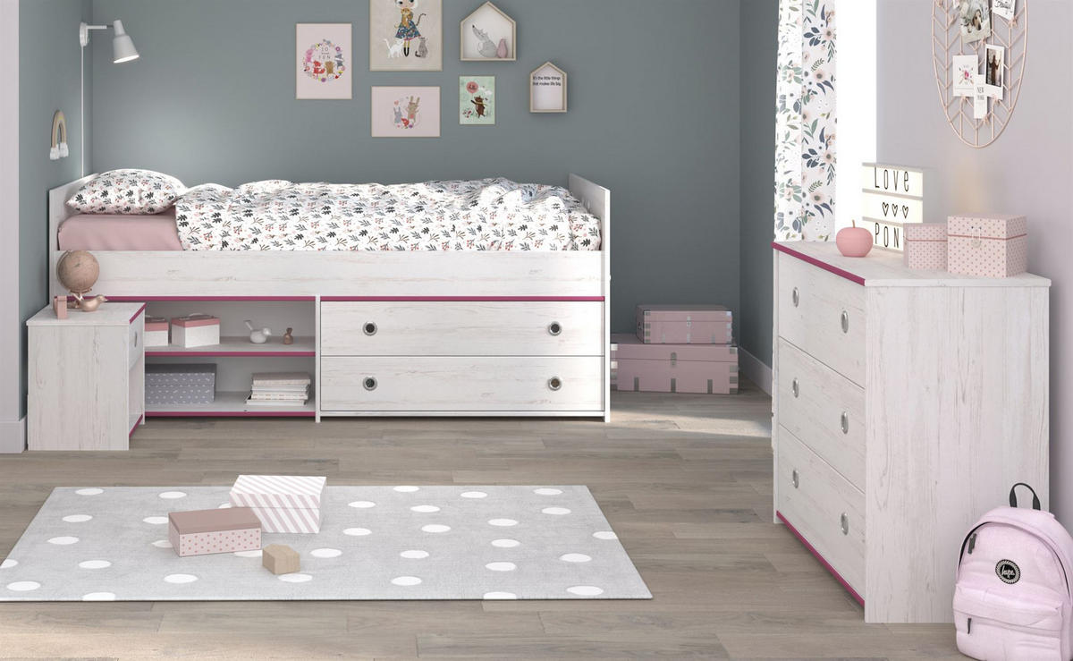 KINDERZIMMER-SET 3-tlg. Parisot Smoozy 23b Holzdekor Kiefer Weiß/Pink - Pink/Weiß, Kunststoff (100/1/200cm) - 58aufmkessel