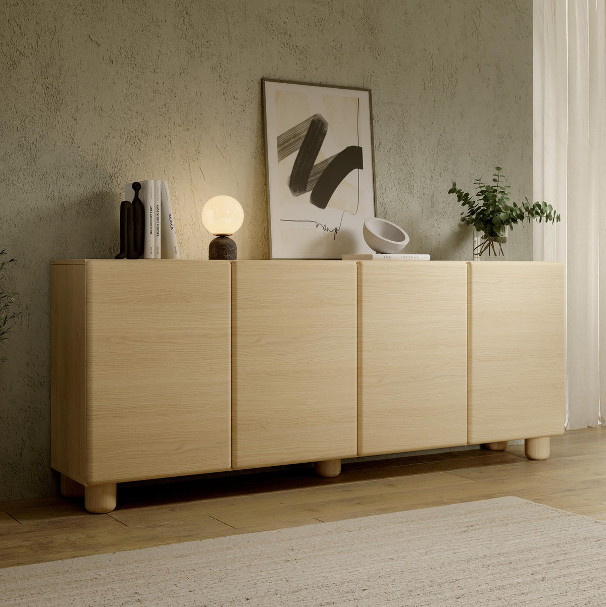 SIDEBOARD CERVI B 200 cm Eiche Vicenza - mit 4 Türen und abgerundeten Fronten - Eichefarben, Holz/Holzwerkstoff (200/80/38cm) - Ravio