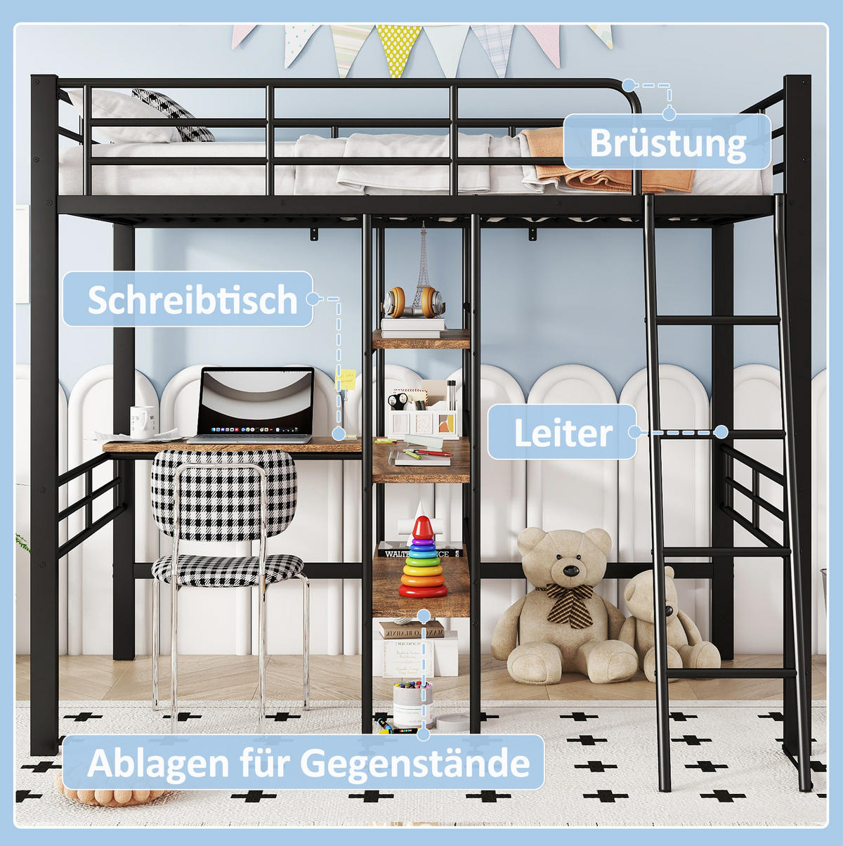 HOCHBETT 90/200 cm aus Metall mit Schreibtisch und Regalen Schwarz - Schwarz, Metall (90/200cm) - Modenvie