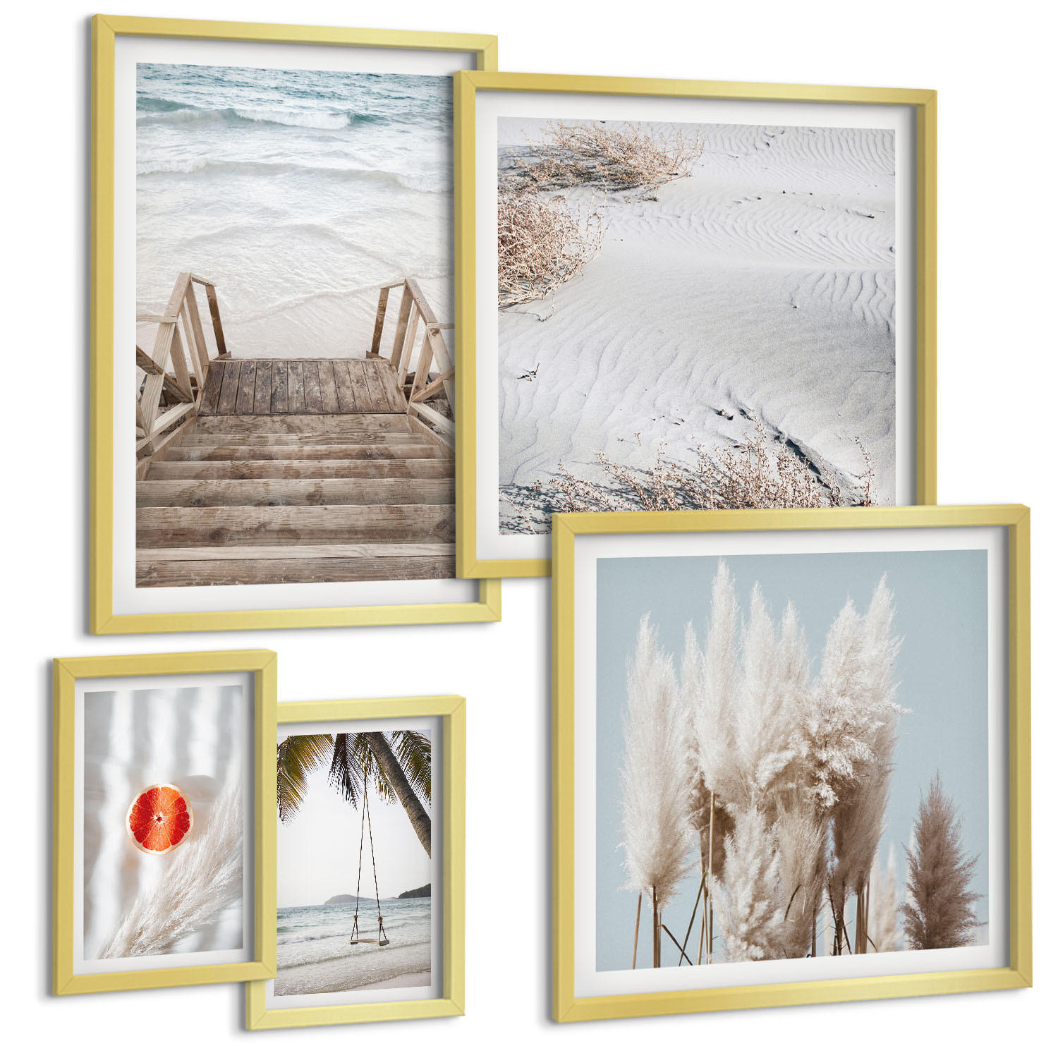 BILDER SET 5er Set - 50x50 cm & 20x30 cm & 40x60 cm Goldrahmen - Strandatmosphäre dank hölzerner Treppen. - Goldfarben, Kunststoff (40/60cm) - TULUP