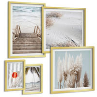 BILDER SET 5er Set - 50x50 cm & 20x30 cm & 40x60 cm Goldrahmen - Strandatmosphäre dank hölzerner Treppen. - Goldfarben, Kunststoff (40/60cm) - TULUP