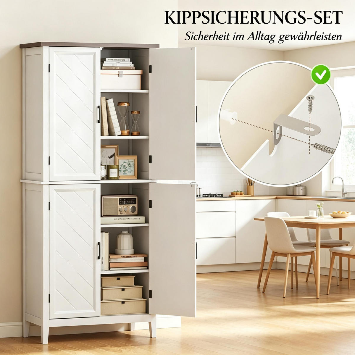 HIGHBOARD DE-38829 76/40/178,5 cm 4 Glastüren und 4 verstellbare Regale Weiß/Braun - Weiß, Holzwerkstoff (76/178.5/40cm) - ComfortXL