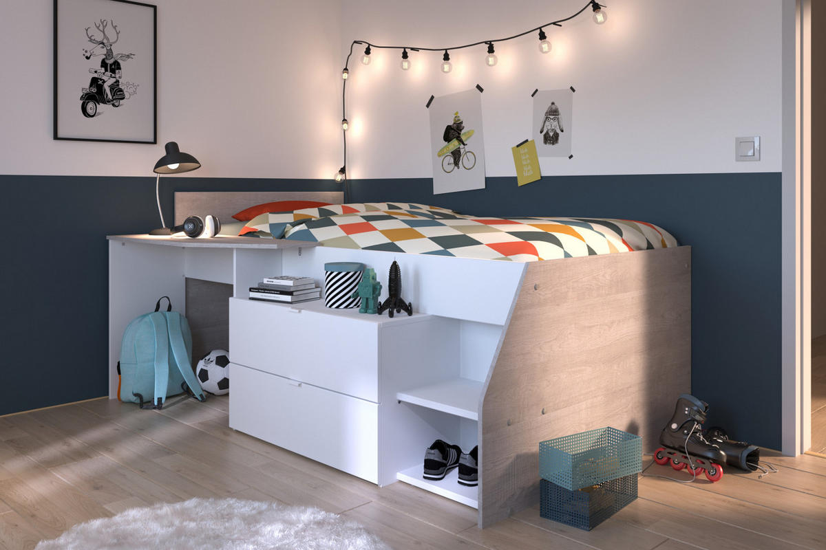 HOCHBETT Jugendzimmer Bett 90 x 200 cm 2x Schubkasten, Stauraum - Weiß/Grau, Holz/Holzwerkstoff (90/200cm) - Parisot Meuble
