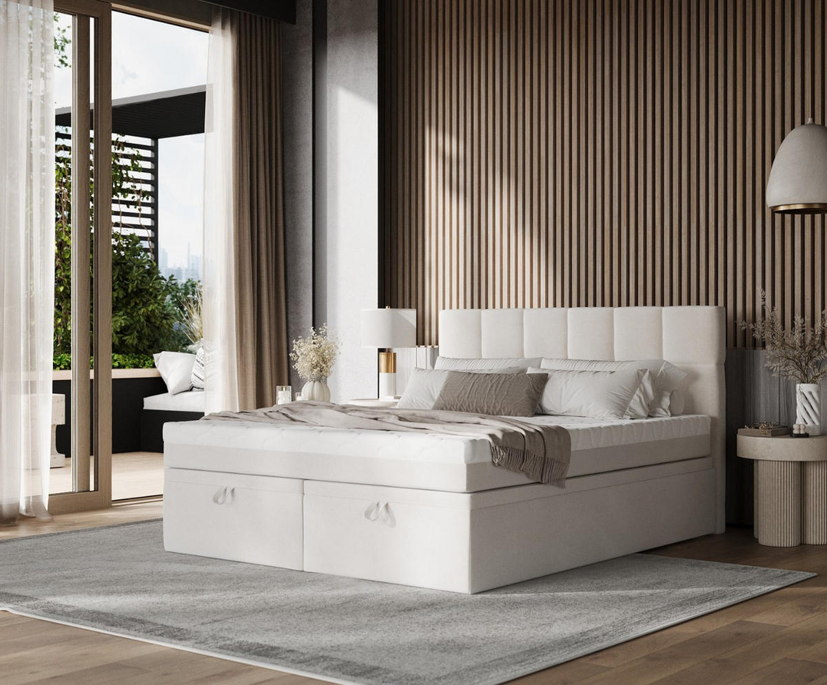 BOXBETT Elano 200/200 cm Creme im Paros Stoff - Creme/Schwarz, Holz/Holzwerkstoff (200/200cm) - AltaBeds