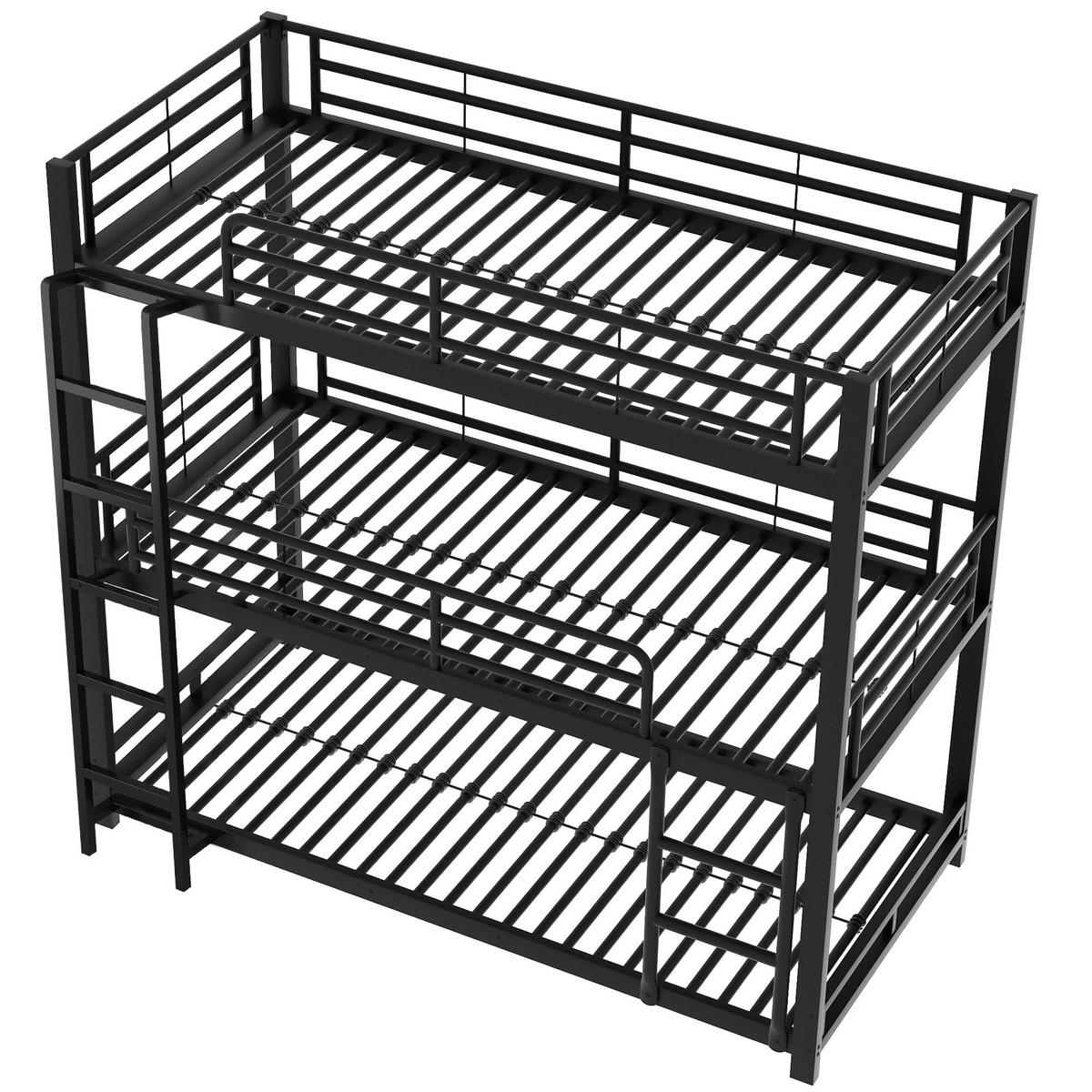 ETAGENBETT Dreifach 90/200 cm Schwarz Metallbett mit Geländern - Schwarz, Metall (90/200cm) - OKWISH