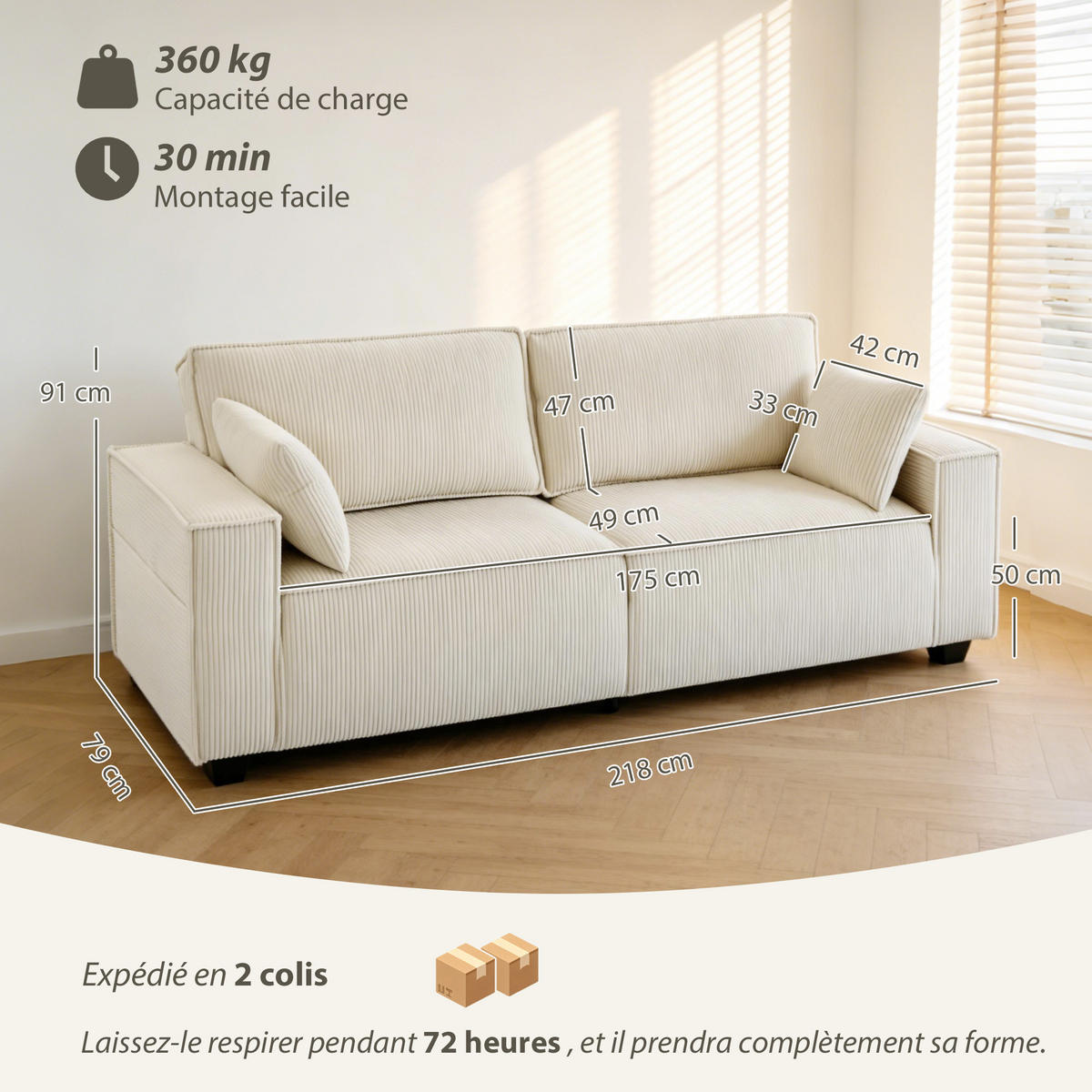 SOFA, 3-Sitzer, Cord, 218cm, Federkernkissen, beige - Multicolor, Holzwerkstoff (218/91/79cm) - FORIOUS