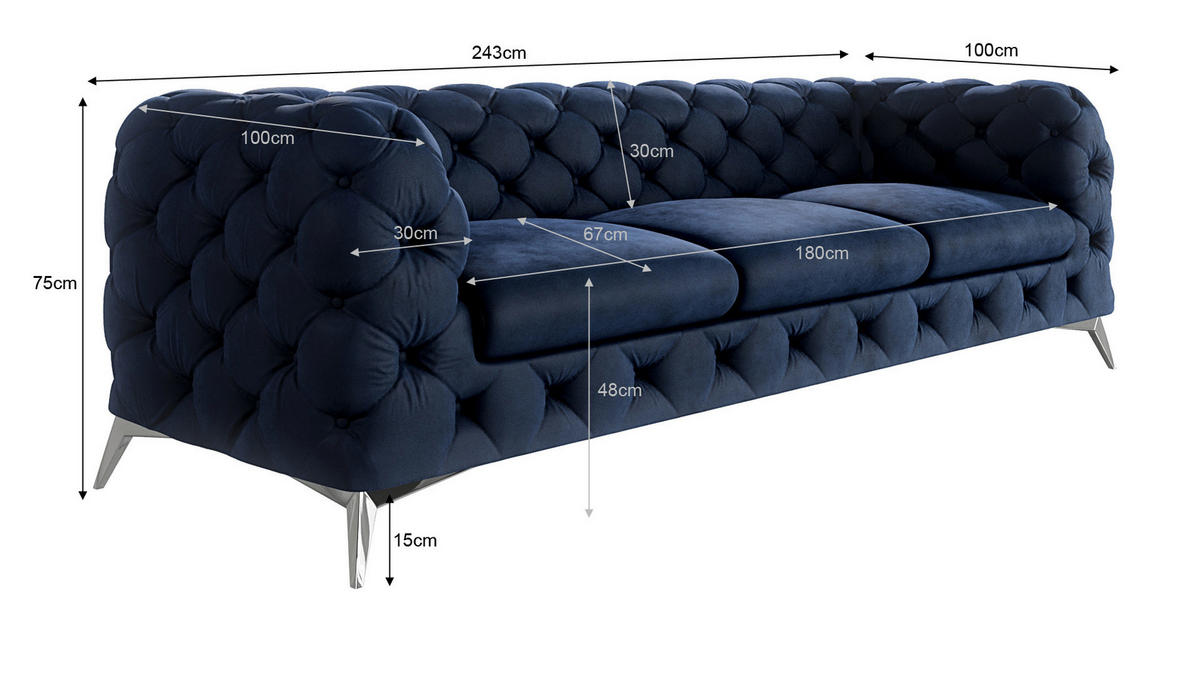 CHESTERFIELD-SOFA 3-Sitzer Laura Marineblau Samt - Silberfarben/Dunkelblau, Holz/Textil (243/75/100cm) - S-Style Möbel
