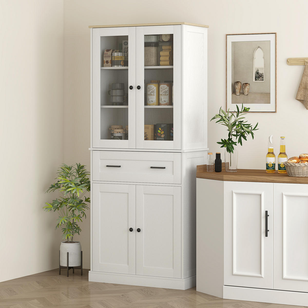 KÜCHENSCHRANK, Hochschrank mit Schublade, verstellbaren Einlegeböden, Cremeweiß - Creme/Schwarz, Holzwerkstoff/Metall (40/182.5/76cm) - HOMCOM