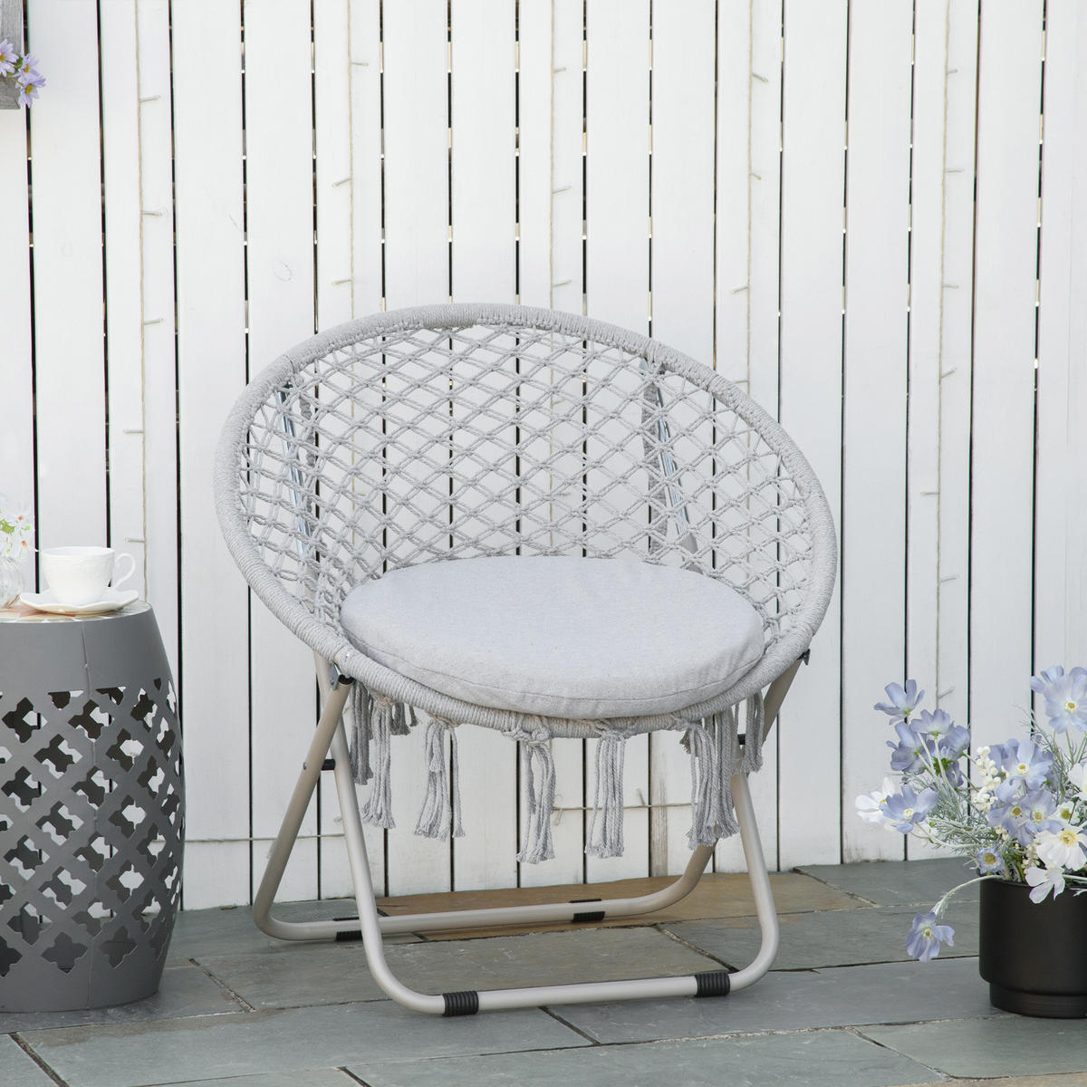 GARTENKLAPPSESSEL DE-17764 mit Makramee-Fransen Grau - Grau, Metall (64/78/77cm) - ComfortXL
