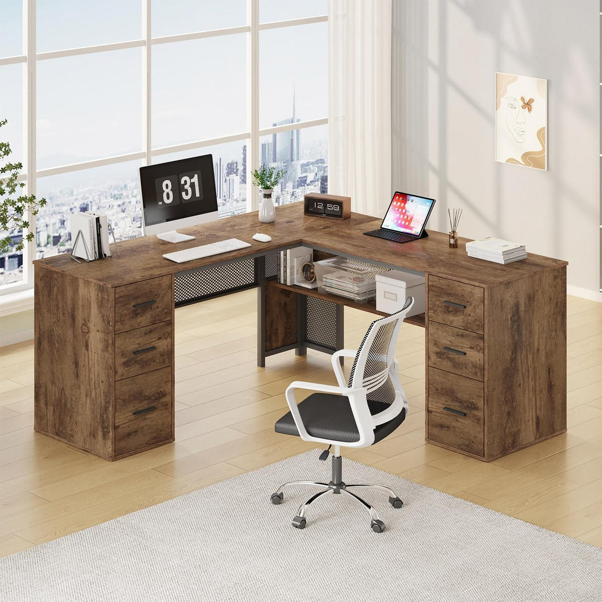 SCHREIBTISCH L-FORM mit Schubladen Eckschreibtisch 150 x 150 cm - Wildeiche, Holzwerkstoff/Metall (150/150/76.2cm) - Quality Elegance