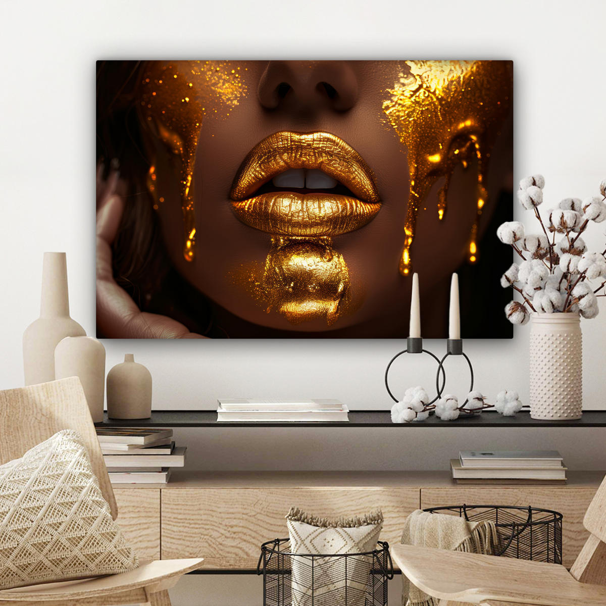 LEINWANDBILD Frau - Gold - Luxus - Porträt 90x60 cm - Goldfarben, Textil (90/60cm) - MuchoWow