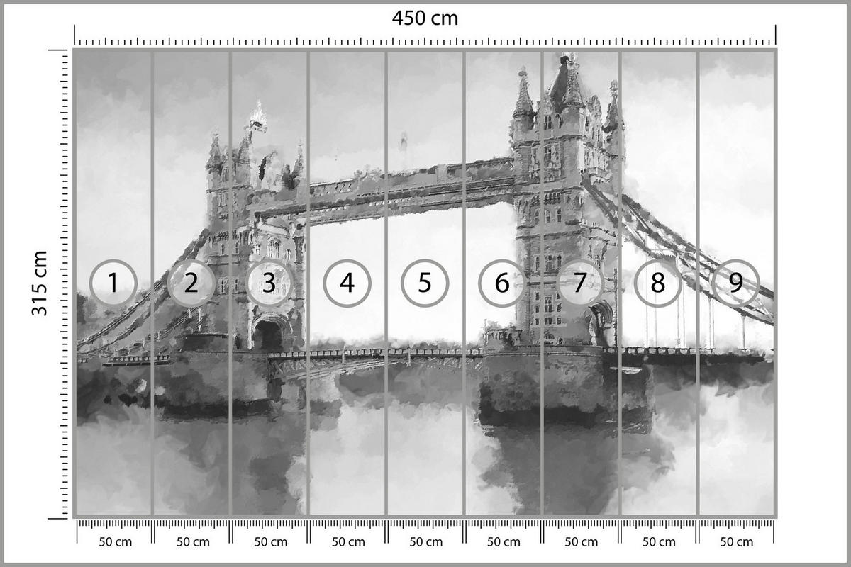 FOTOTAPETE für Wohnzimmer Tower Bridge Vintage Stil 450x315 - Schwarz/Grau, Papier (450/315cm) - Muralo