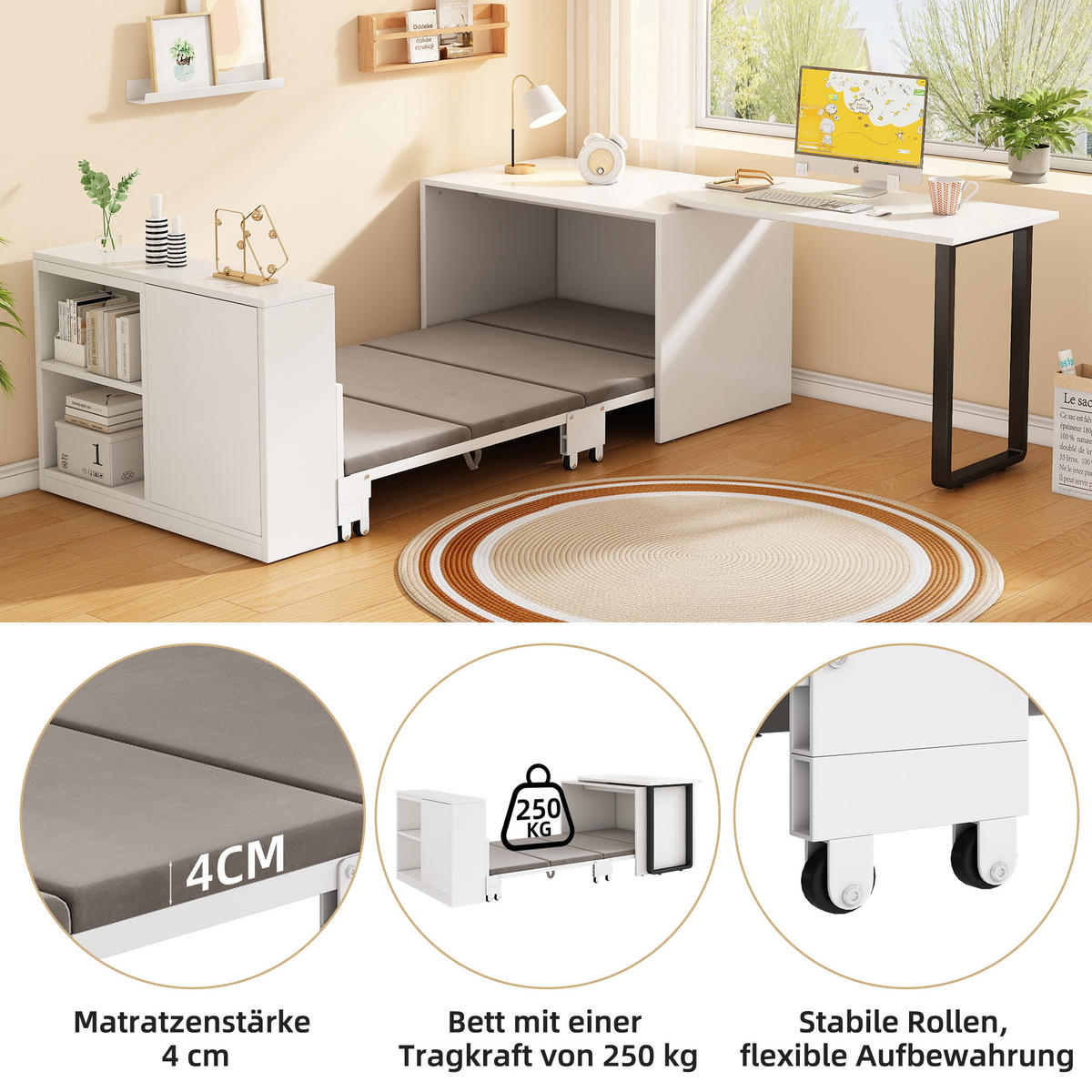 KLAPPBETT mit Schreibtisch 216 x 116 cm Metall/Holzwerkstoff Weiß - Weiß, Metall (116/216cm) - Beauniv