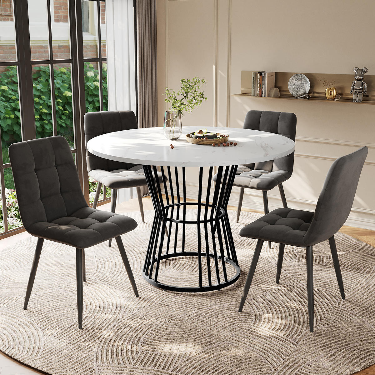 ESSTISCHSET 5-Teilig Mit 4 Stühlen, Rund 100 Cm, Weiß, Dunkelgrau Samt - Grau, Holzwerkstoff (100/75/100cm) - FLIEKS
