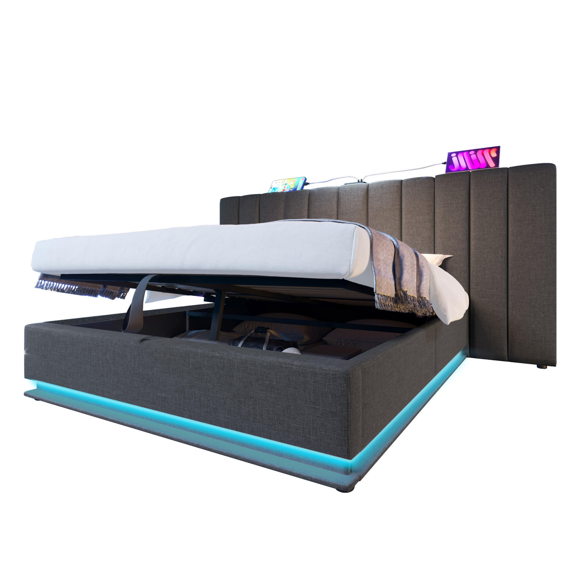 OBLAZINJENA postelja 160/200 cm z LED osvetlitvijo, USB-C polnjenjem, hidravličnim prostorom za shranjevanje in letvenim dnom, lanena tkanina, Siva - siva, tekstil (160/200cm) - Redom