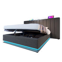 OBLAZINJENA postelja 160/200 cm z LED osvetlitvijo, USB-C polnjenjem, hidravličnim prostorom za shranjevanje in letvenim dnom, lanena tkanina, Siva - siva, tekstil (160/200cm) - Redom
