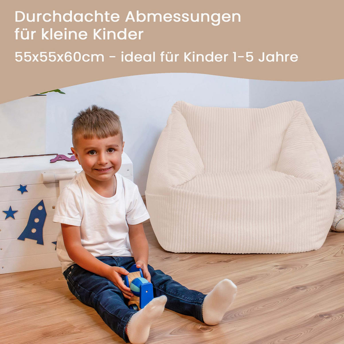 SITZSACK-SESSEL Bambino 55/60/55 cm, weicher Cord 380 g/m², mit Griff & Seitentasche, Creme - Creme, Textil (55/55/60cm) - Dreamroots