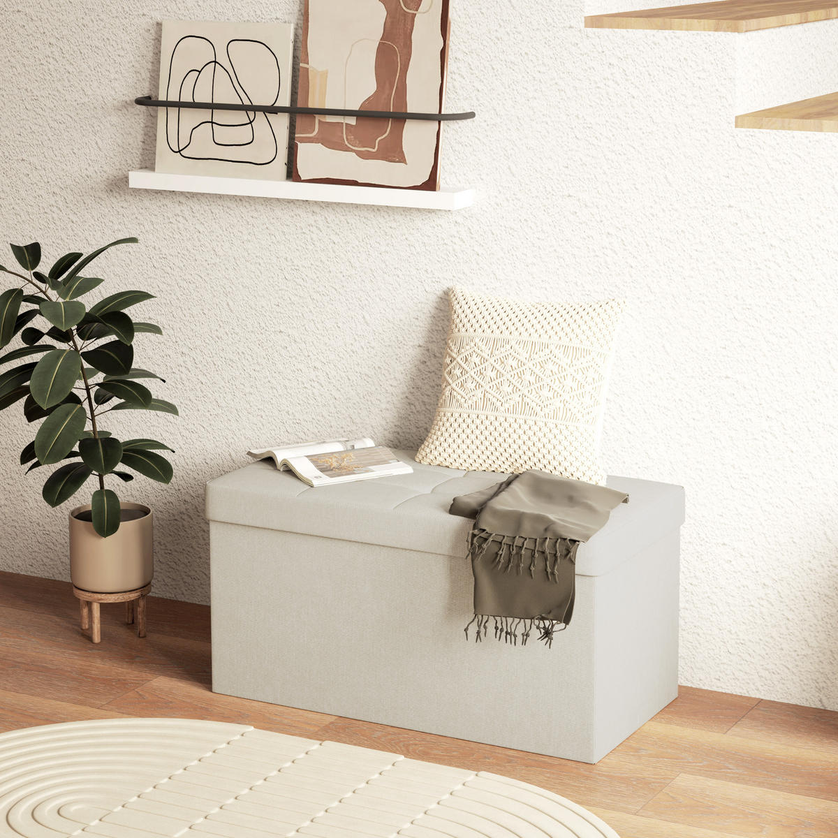 TRUHENBANK DE-16387 klappbar mit Stauraum und Knopfheftung Creme - Creme, Textil (76/38/38cm) - ComfortXL