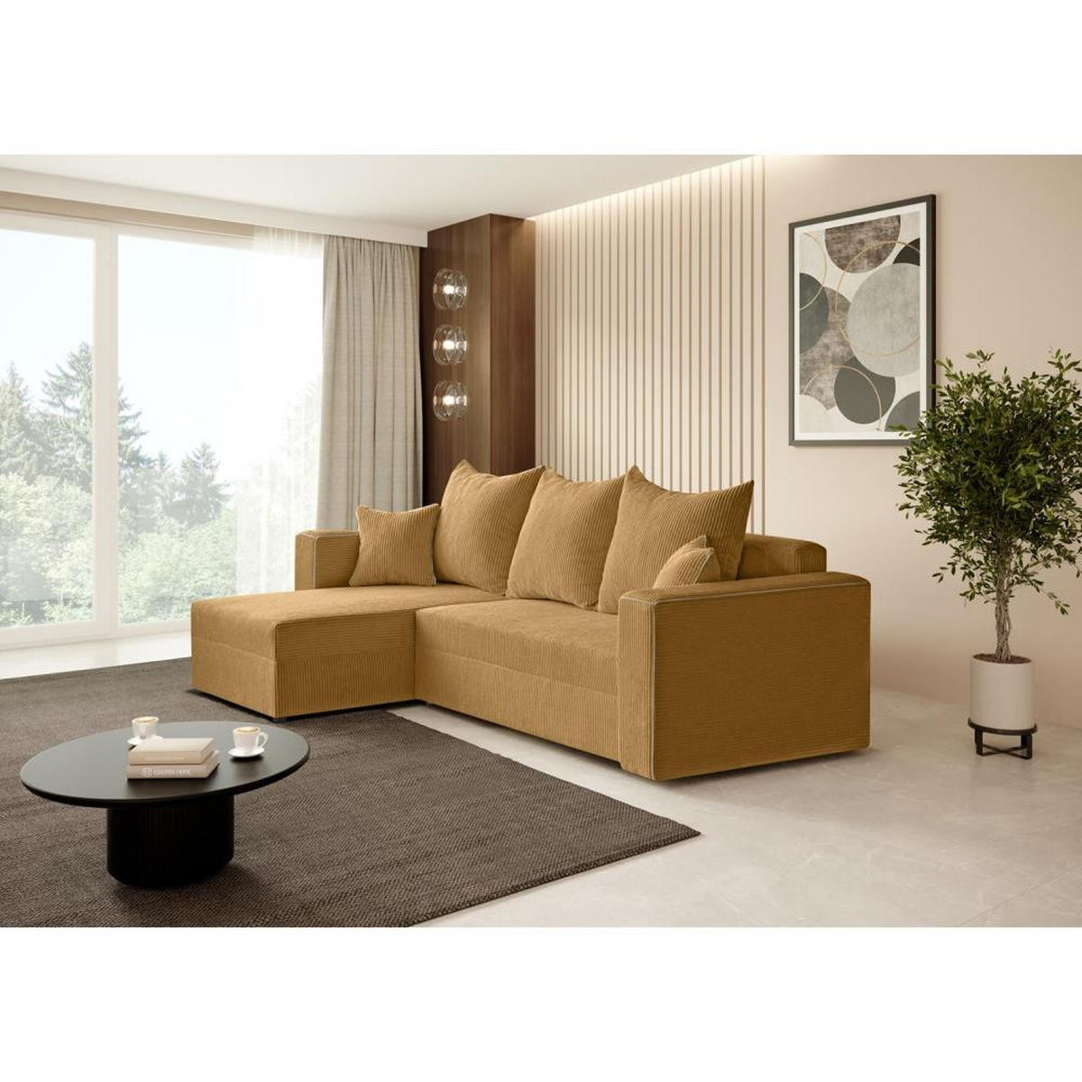 ECKSCHLAFSOFA Hamlet L Gelb - Gelb/Schwarz, Textil/Metall (241/142cm) - Beautysofa