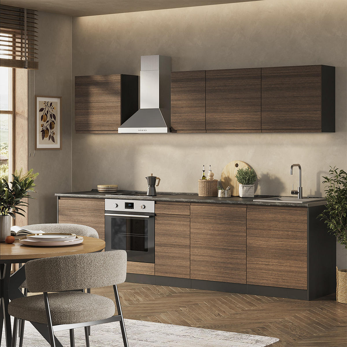 KUHINJSKI BLOK R-Line, Tobak in oreh/Antracit, 280 cm delovna plošča Bela - barva oreha/antracit, leseni material (280/206.8/60cm) - Vicco