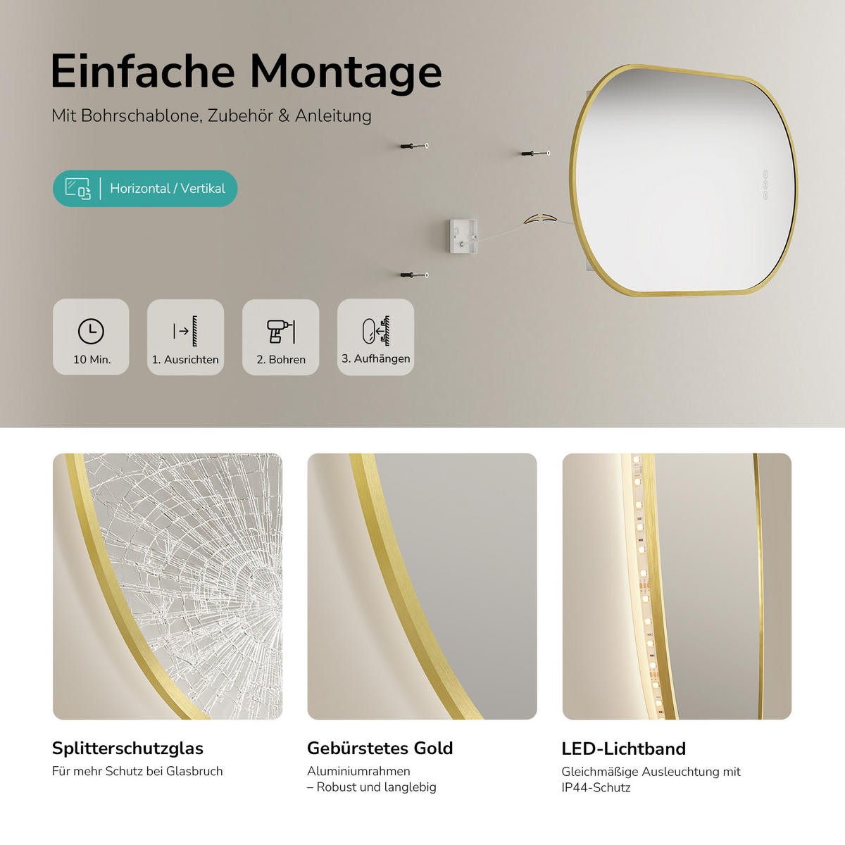 OGLINDA de baie cu LED-uri Auriu 45/75 cm - auriu, sticlă (45/75/3cm) - EMKE