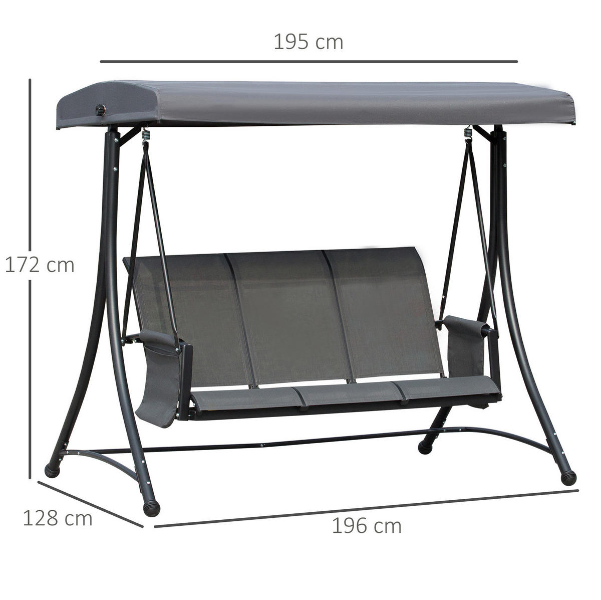 HOLLYWOODSCHAUKEL 196/128/172 cm mit verstellbarem Sonnendach, 3-Sitzer und Seitentaschen aus Metall, Dunkelgrau - Dunkelgrau, Metall (128/172/196cm) - Redom