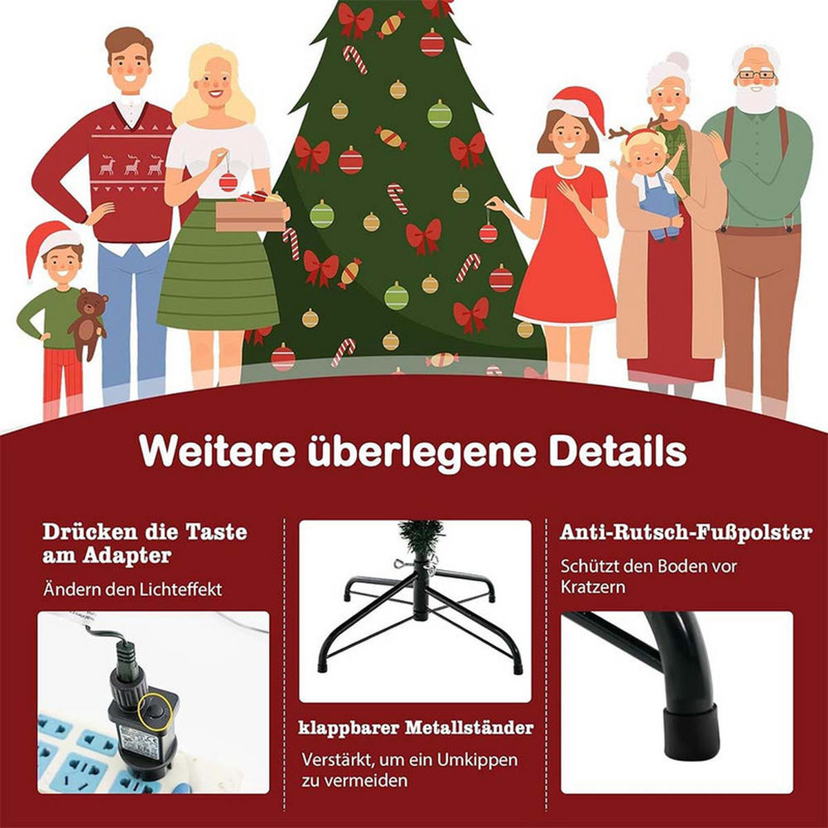 WEIHNACHTSBAUM mit 8 Lichtmodi 180cm Grün - Grün, Metall (183cm) - COSTWAY