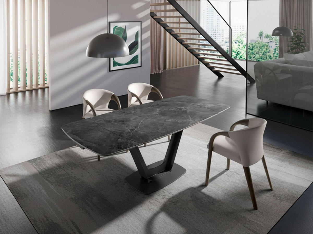 ESSTISCH Ausziehbarer Esstisch ovales Fass porzellanmarmor aus schwarzer Epoxidstahl Ø160/100/76 cm - Schwarz, Stein (100/160/76cm) - ANGEL CERDA