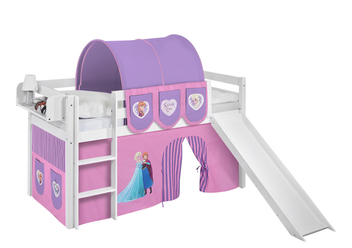 SPIELBETT JELLE Eiskönigin Lila - Hochbett - mit Rutsche und Vorhang - Weiß, Holz - Lilokids
