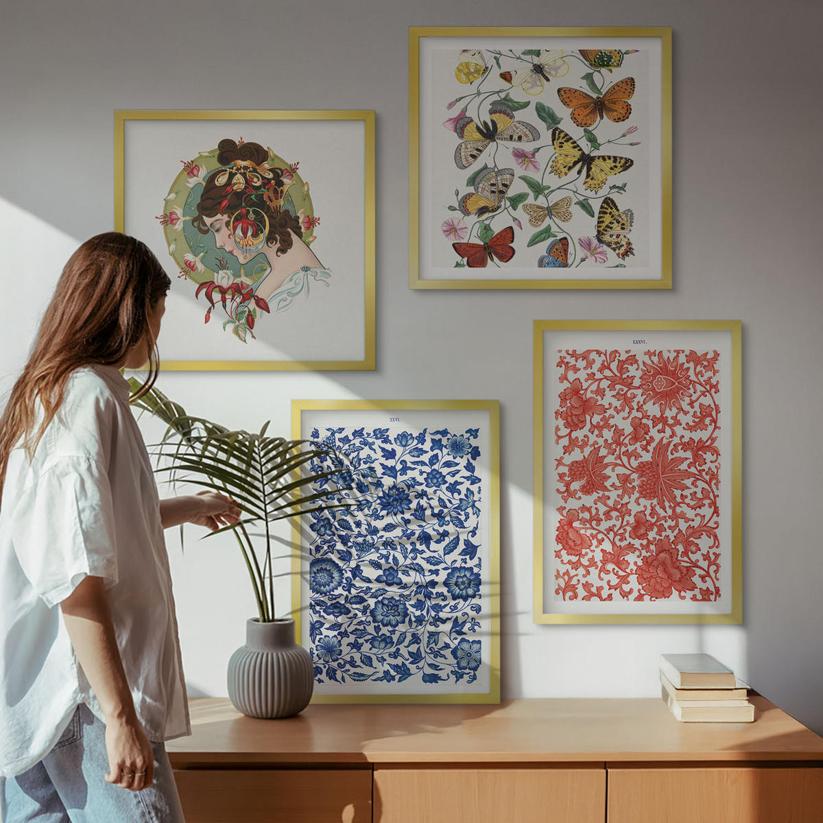 BILDER SET 4er Set - 50x50 cm & 40x60 cm Goldrahmen - Vintage-Blumen-Schmetterlings-Ornamente - Goldfarben, Kunststoff (50/50cm) - TULUP