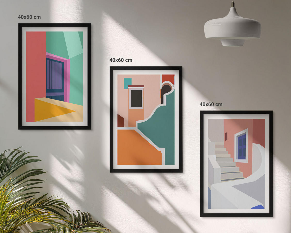 BILDER SET 3er Set - 40x60 cm Schwarzer Rahmen - Farbenfrohe Illustrationen von Gebäuden - Schwarz, Kunststoff (40/60cm) - TULUP