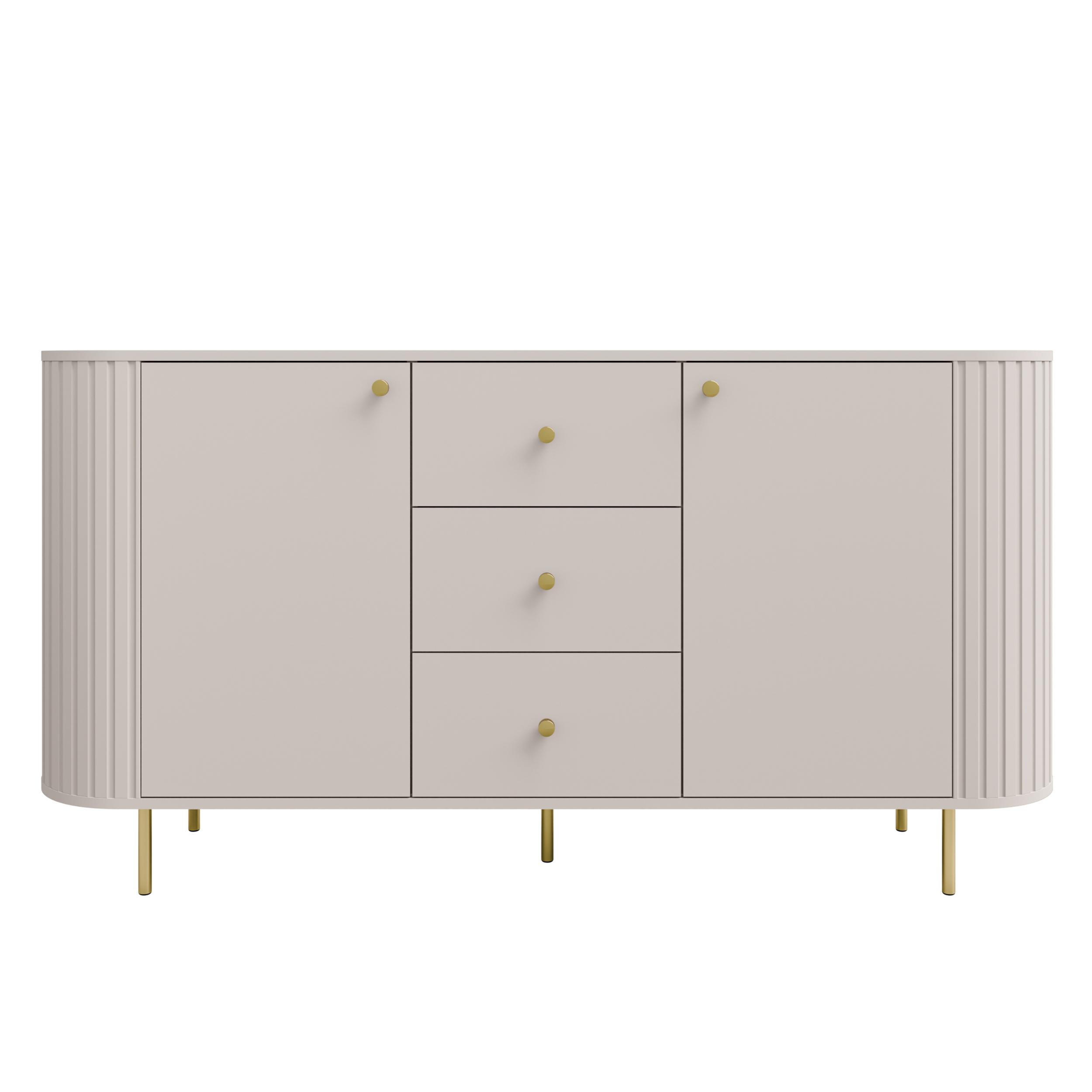 SIDEBOARD Halay Beige, 2 Türen & 3 Schubladen Moderne Rillenstruktur 164,6 cm - Beige/Goldfarben, Holzwerkstoff/Metall (164.6/85.4/42.3cm) - AX Living
