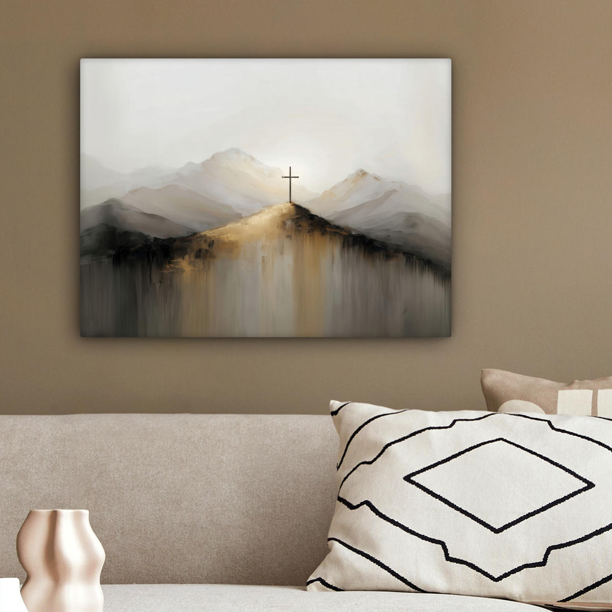 LEINWANDBILD Hügel - Abstrakt - Kreuz - Christentum Wandbild 40x30 cm - Beige, Textil (40/30cm) - MuchoWow