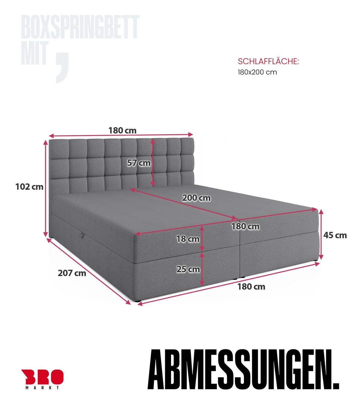 BOXBETT Dakota mit Topper 180/200 Hellgrau - Hellgrau, Textil (180/200cm) - Bromarkt